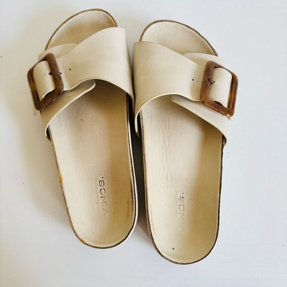Vince Grant Buckle Slide Sandal – Leather, Neutral Beige, Size 7 - Picture 4 of 6